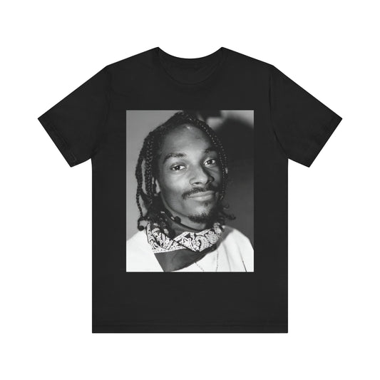 A black graphic t-shirt featuring a modern rap essential graphic of Snoop Dogg.