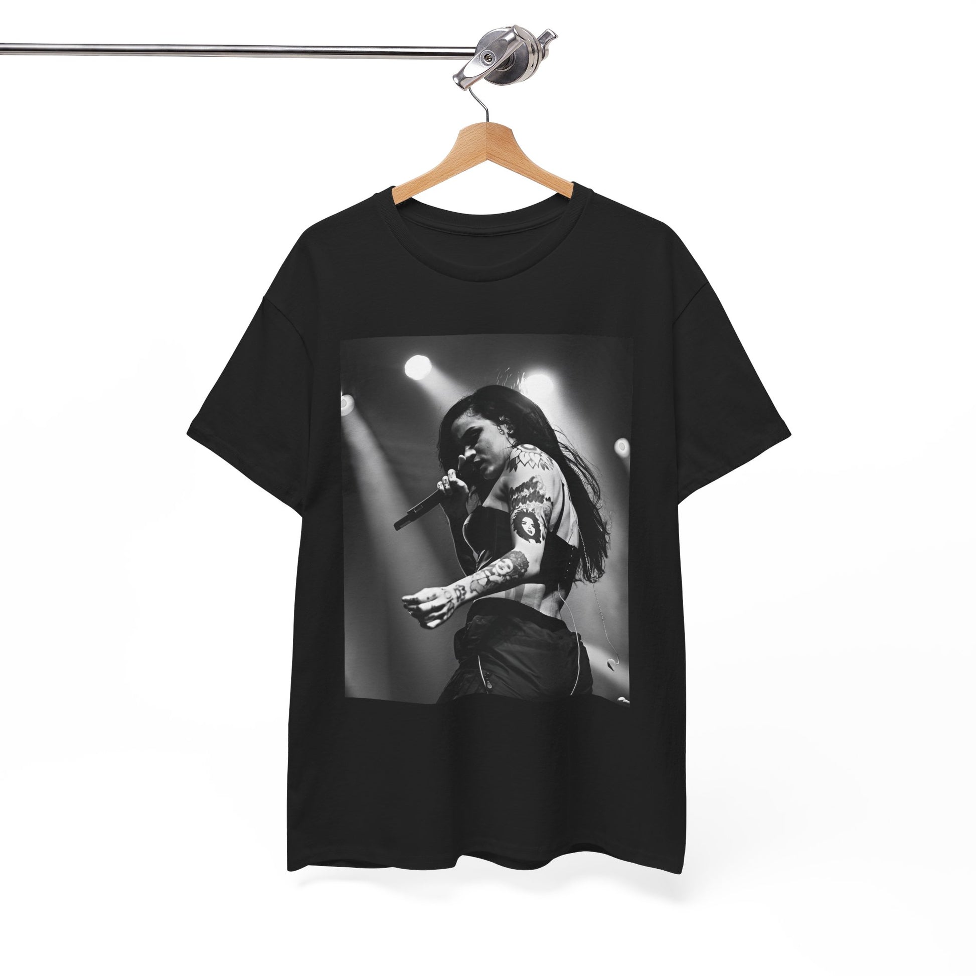 A black graphic t-shirt featuring a glamorous graphic or photo of Kehlani performing on stage.