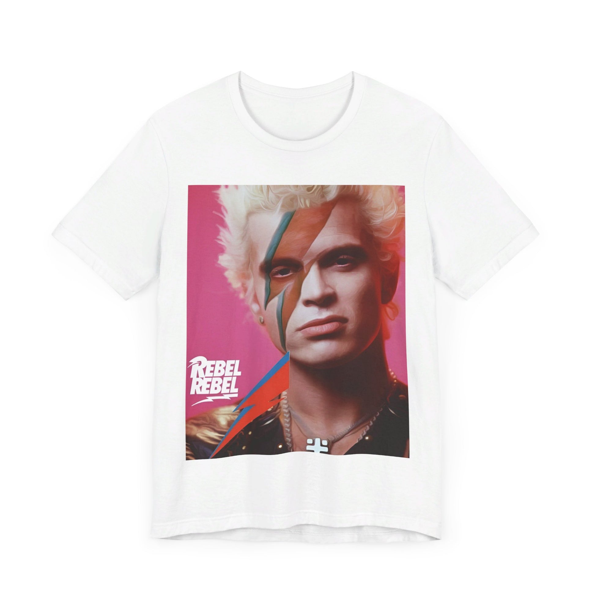 A black graphic t-shirt featuring a retro 80s aesthetic graphic of Billy Idol.