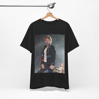 A black graphic t-shirt featuring a vintage graphic of Coldplay performing live acoustically.