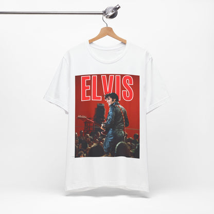 A black graphic t-shirt featuring a vintage graphic of Elvis Presley as the King of Rock 'n' Roll.