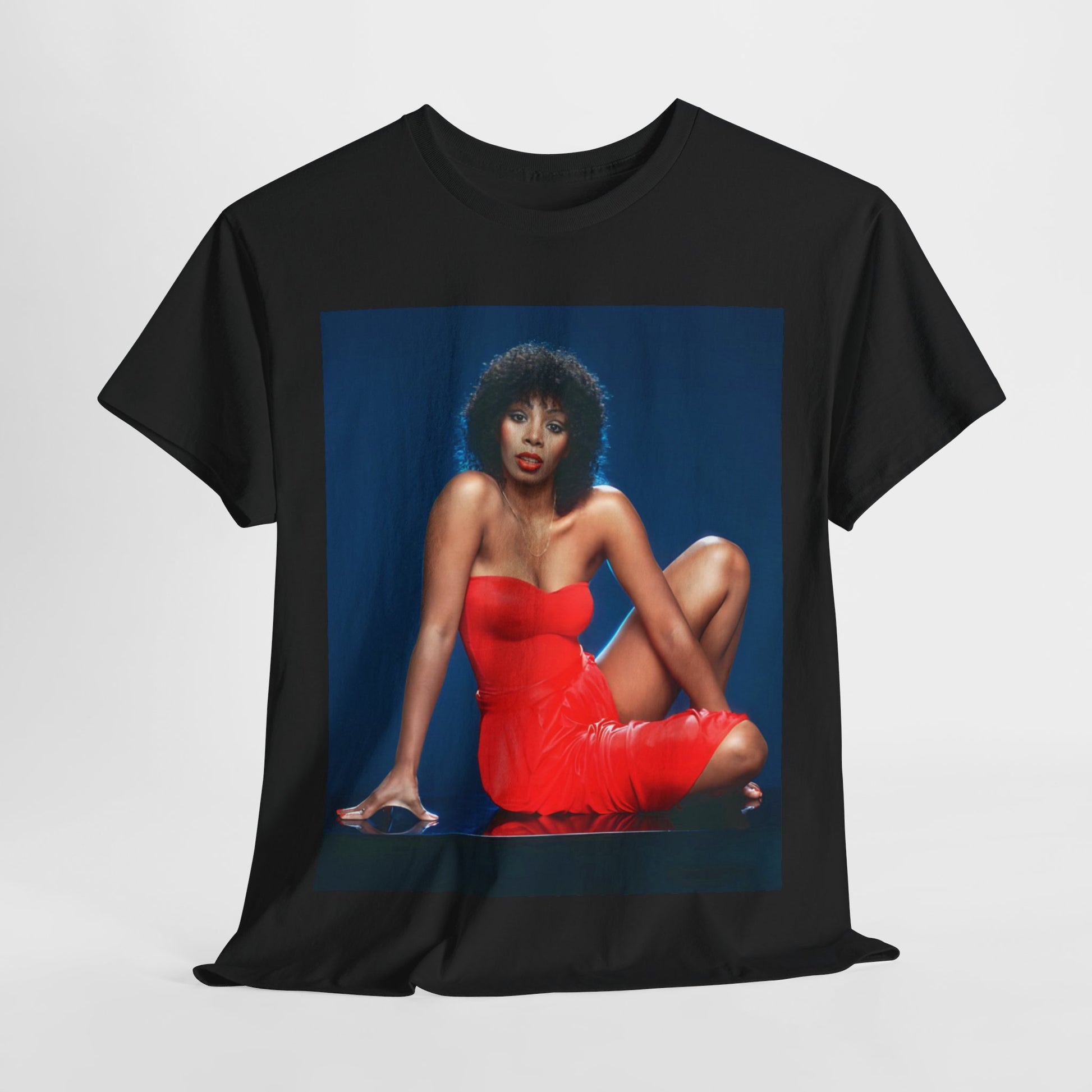 A black graphic t-shirt featuring a graphic of Donna Summer, designed in a Studio 54 style.