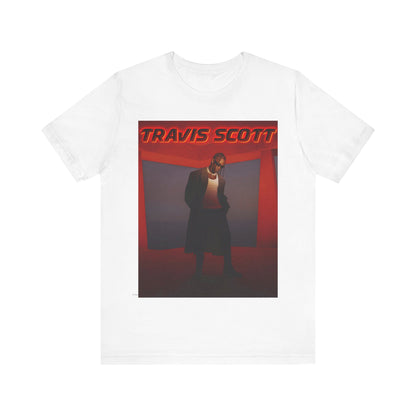 A black graphic t-shirt featuring a graphic of Travis Scott with a dreamy rap soundscape aesthetic.