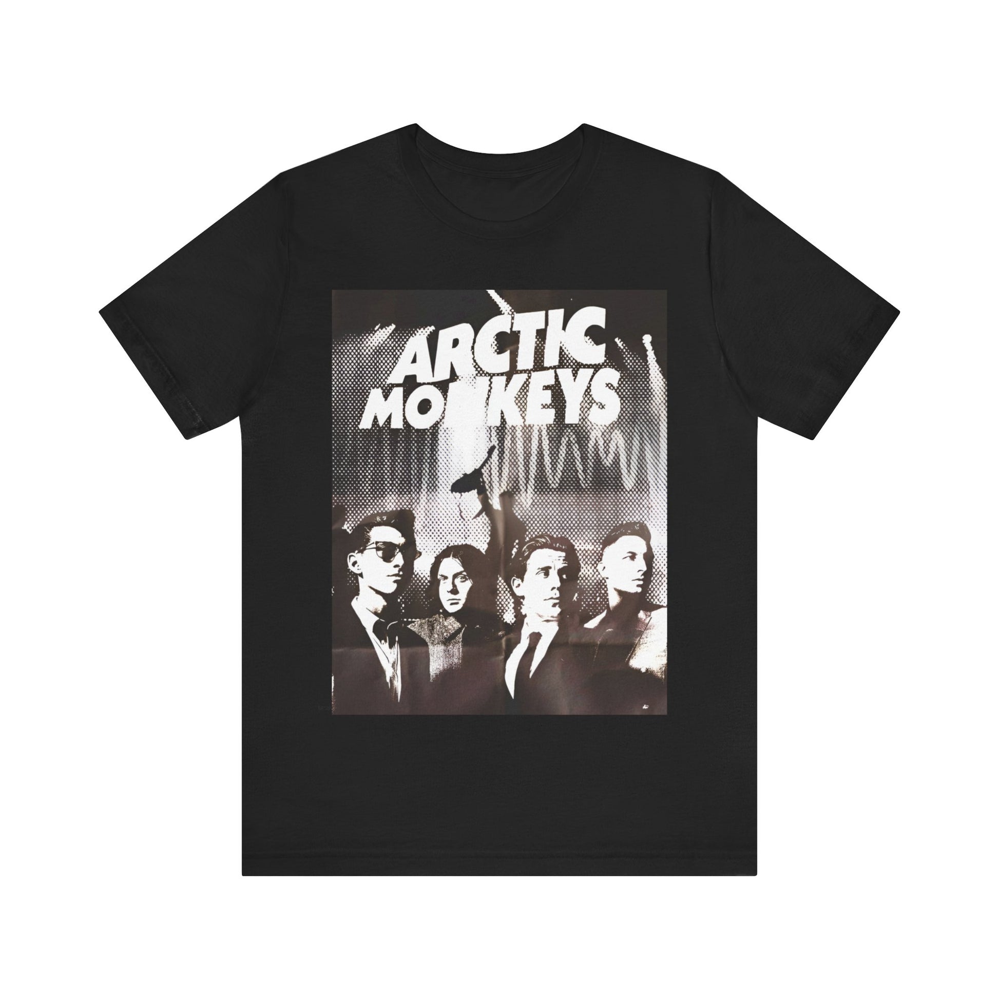 A black graphic t-shirt featuring a retro-style logo for the band Arctic Monkeys.