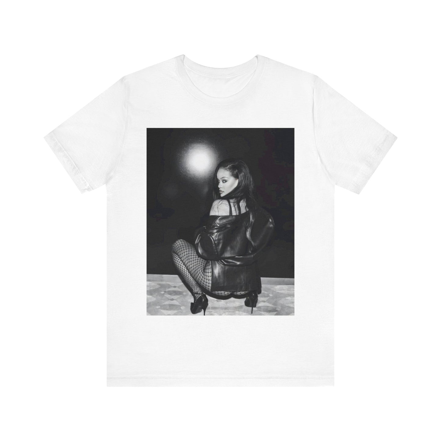 A black graphic t-shirt featuring a black and white sexy graphic of Rihanna.