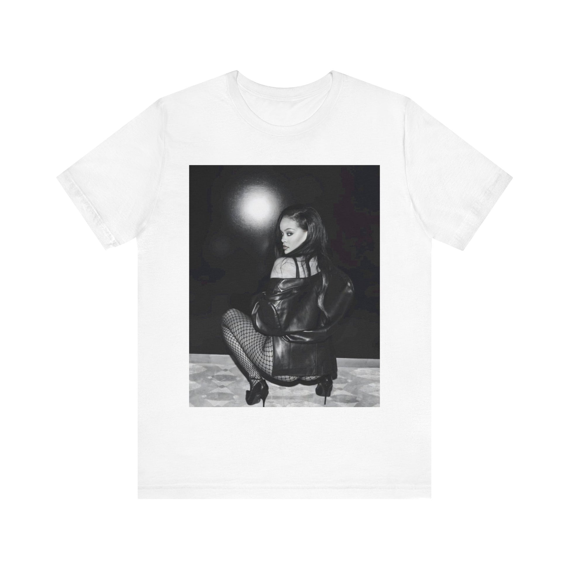 A black graphic t-shirt featuring a black and white sexy graphic of Rihanna.