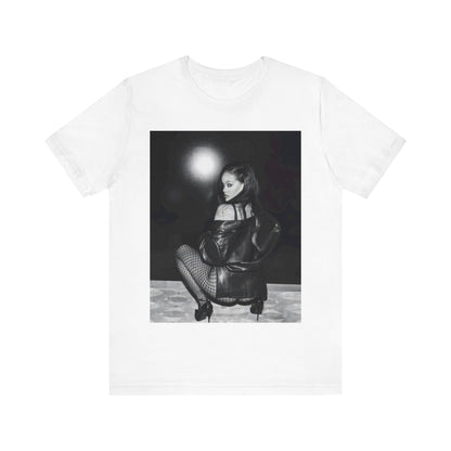 A black graphic t-shirt featuring a black and white sexy graphic of Rihanna.