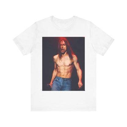 A black graphic t-shirt featuring a graphic related to Iggy Pop's 'Raw Power' era.