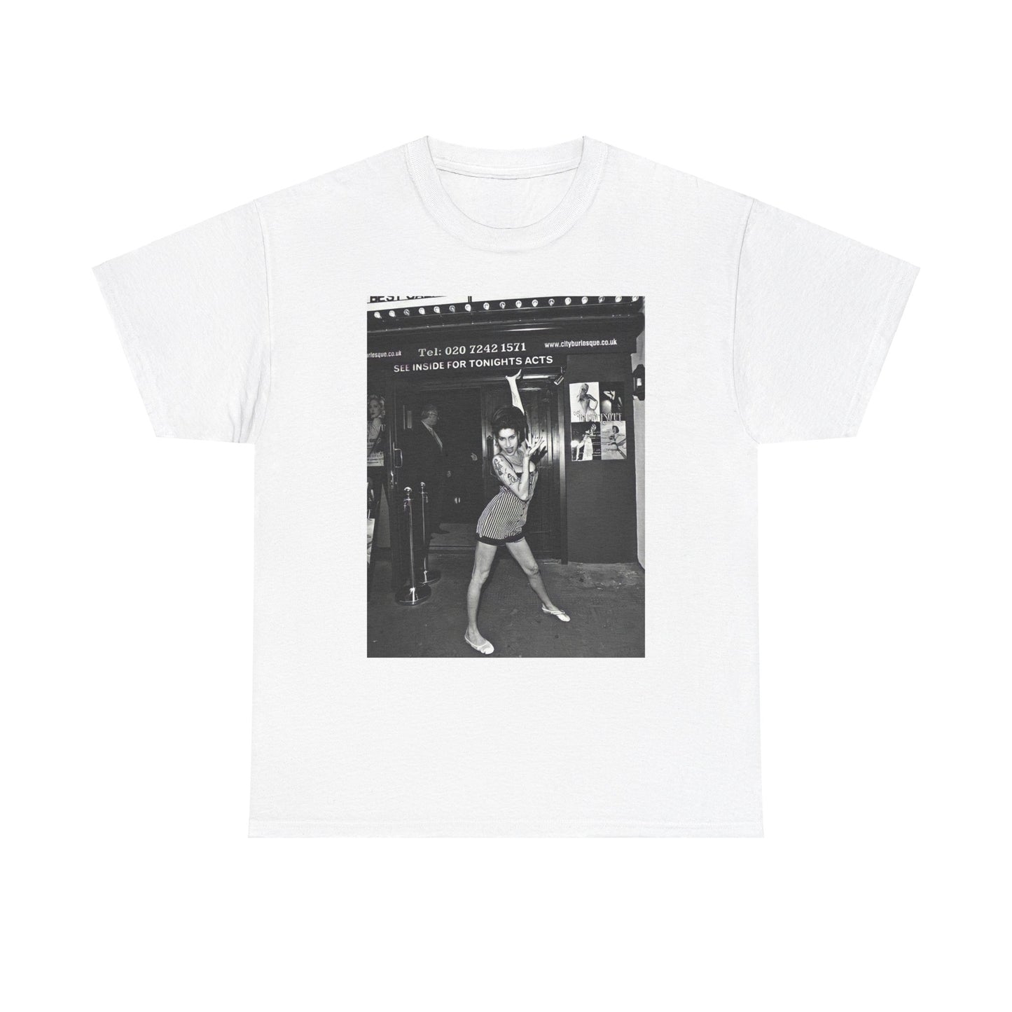 A black graphic t-shirt featuring a black and white graphic of Amy Winehouse in a burlesque club setting, stylized to evoke that ambiance.