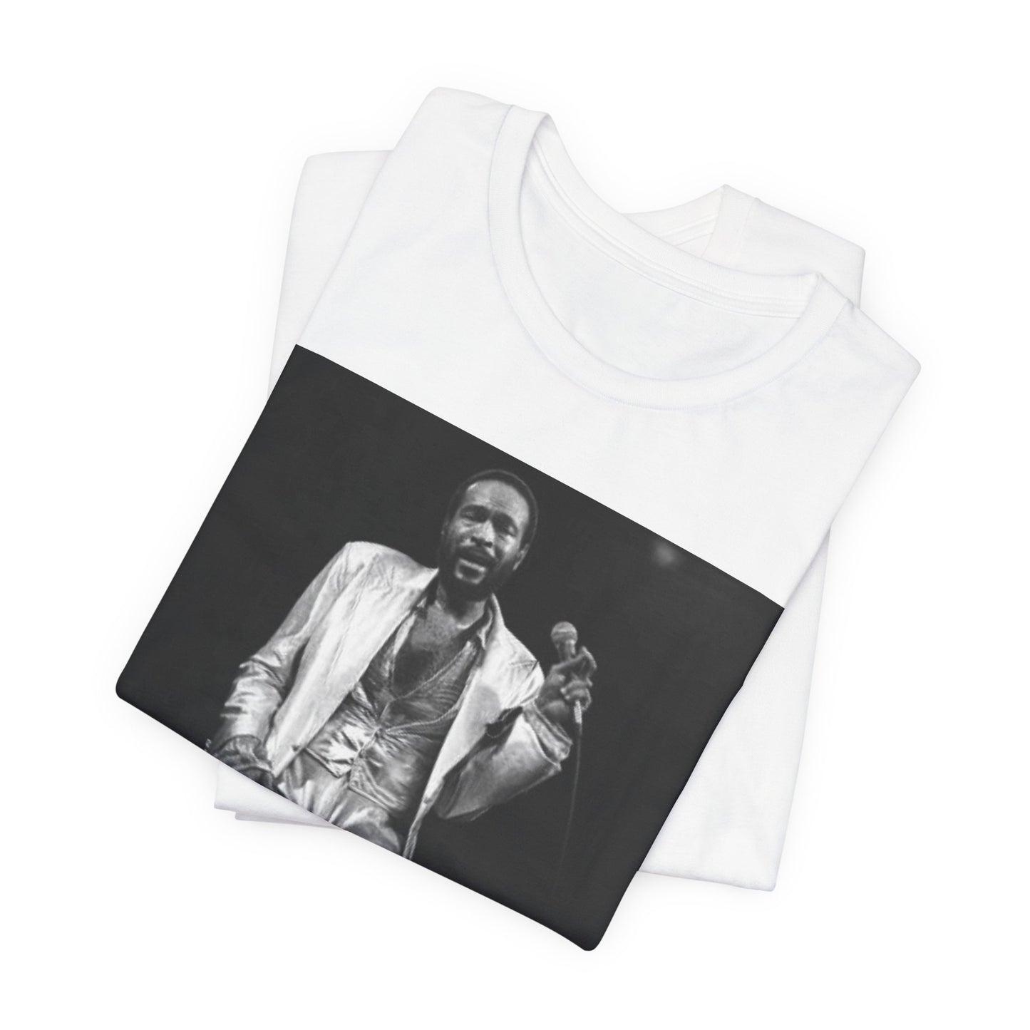 A black graphic t-shirt featuring a live graphic related to Marvin Gaye's 'Sexual Healing' song or era.