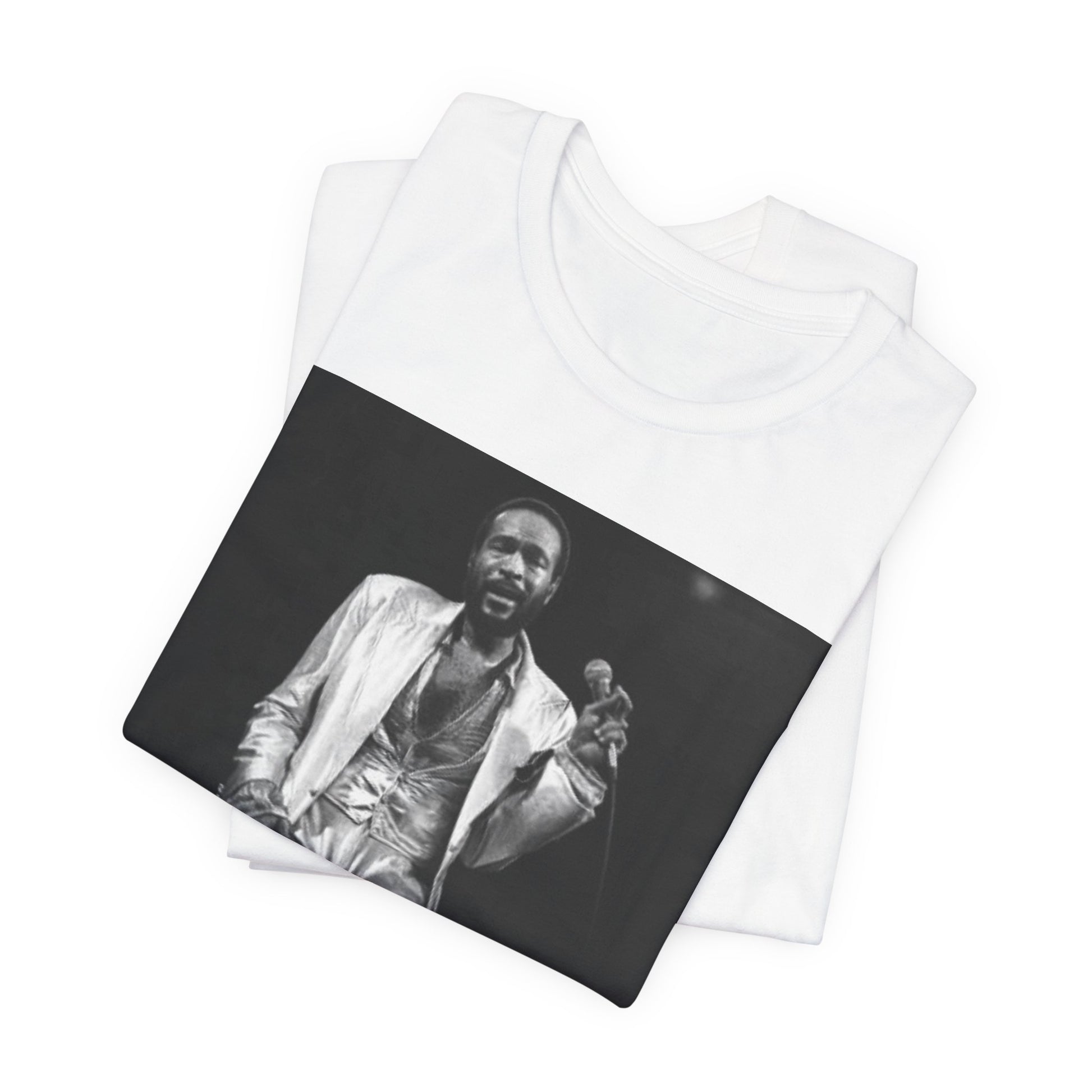 A black graphic t-shirt featuring a live graphic related to Marvin Gaye's 'Sexual Healing' song or era.