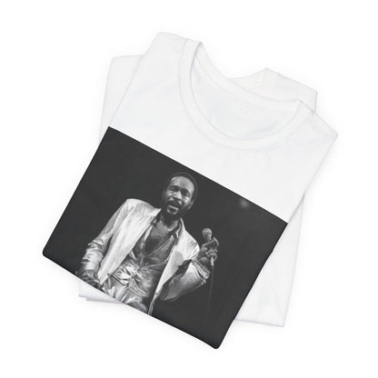 A black graphic t-shirt featuring a live graphic related to Marvin Gaye's 'Sexual Healing' song or era.