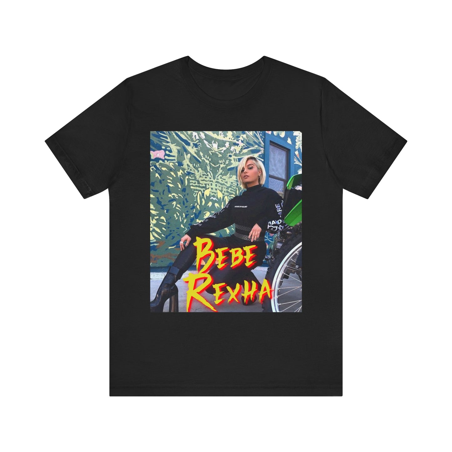 A black graphic t-shirt featuring a vintage pop aesthetic graphic of Bebe Rexha.