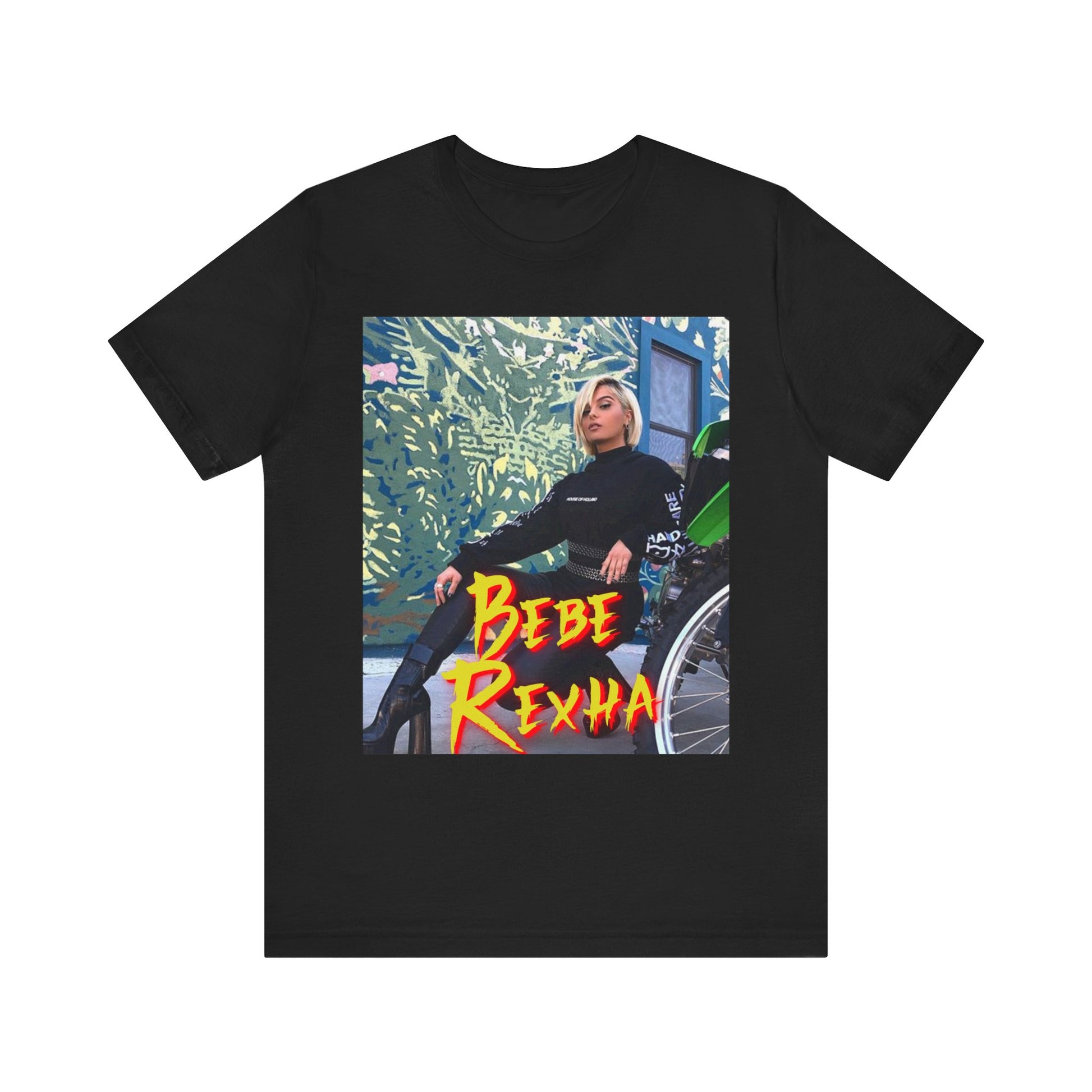 A black graphic t-shirt featuring a vintage pop aesthetic graphic of Bebe Rexha.