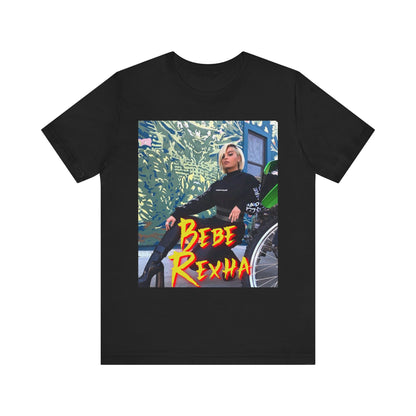 A black graphic t-shirt featuring a vintage pop aesthetic graphic of Bebe Rexha.