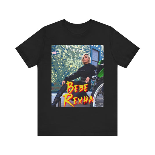 A black graphic t-shirt featuring a vintage pop aesthetic graphic of Bebe Rexha.