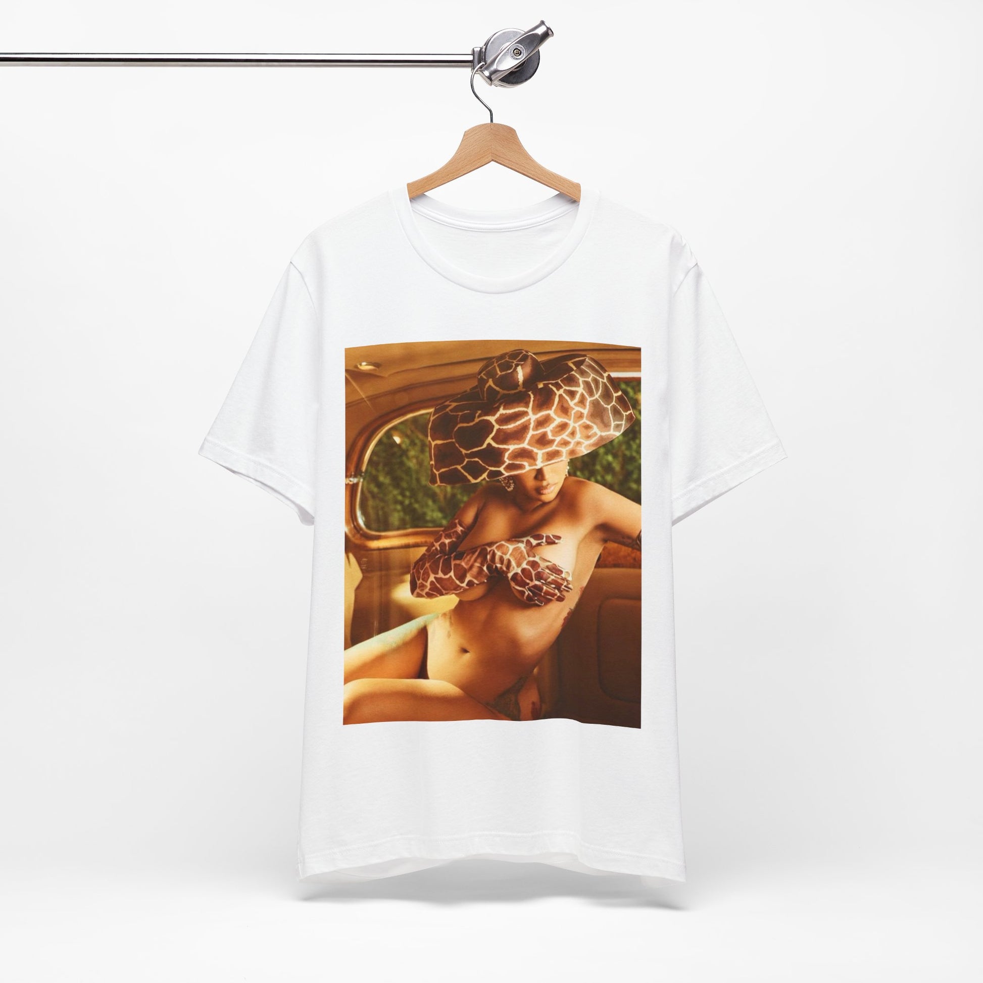 A black graphic t-shirt featuring a graphic of Cardi B as a hip hop culture phenomenon.