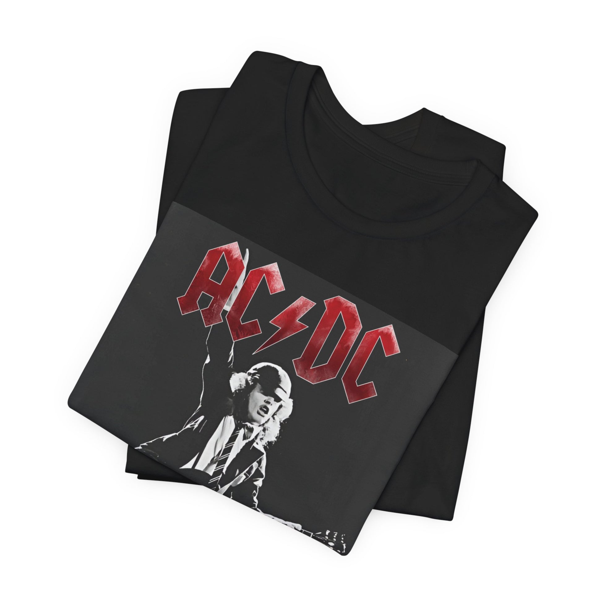 A black and white graphic t-shirt featuring AC/DC band members in a stylized, aesthetic composition, possibly with a grunge or vintage filter.