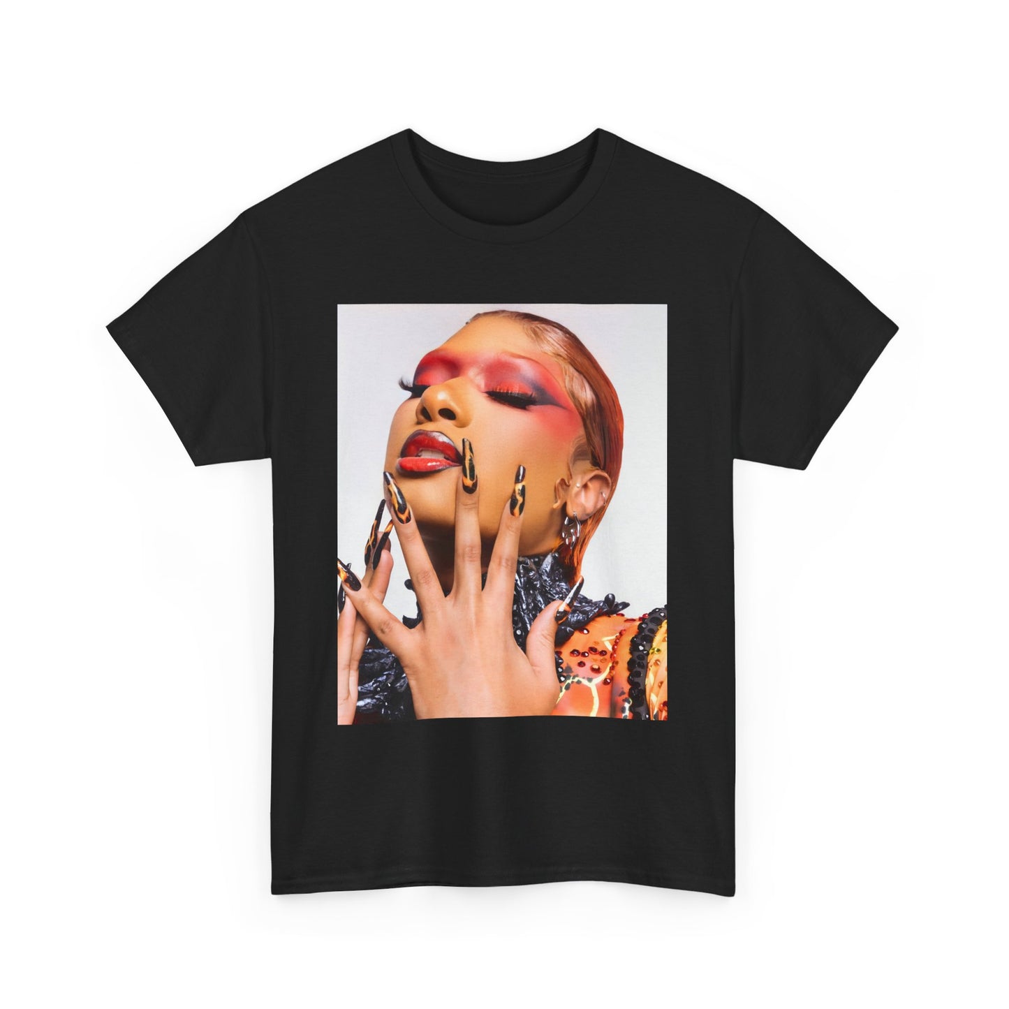 A black graphic t-shirt featuring a graphic related to Megan Thee Stallion's 'WAP' song or era.