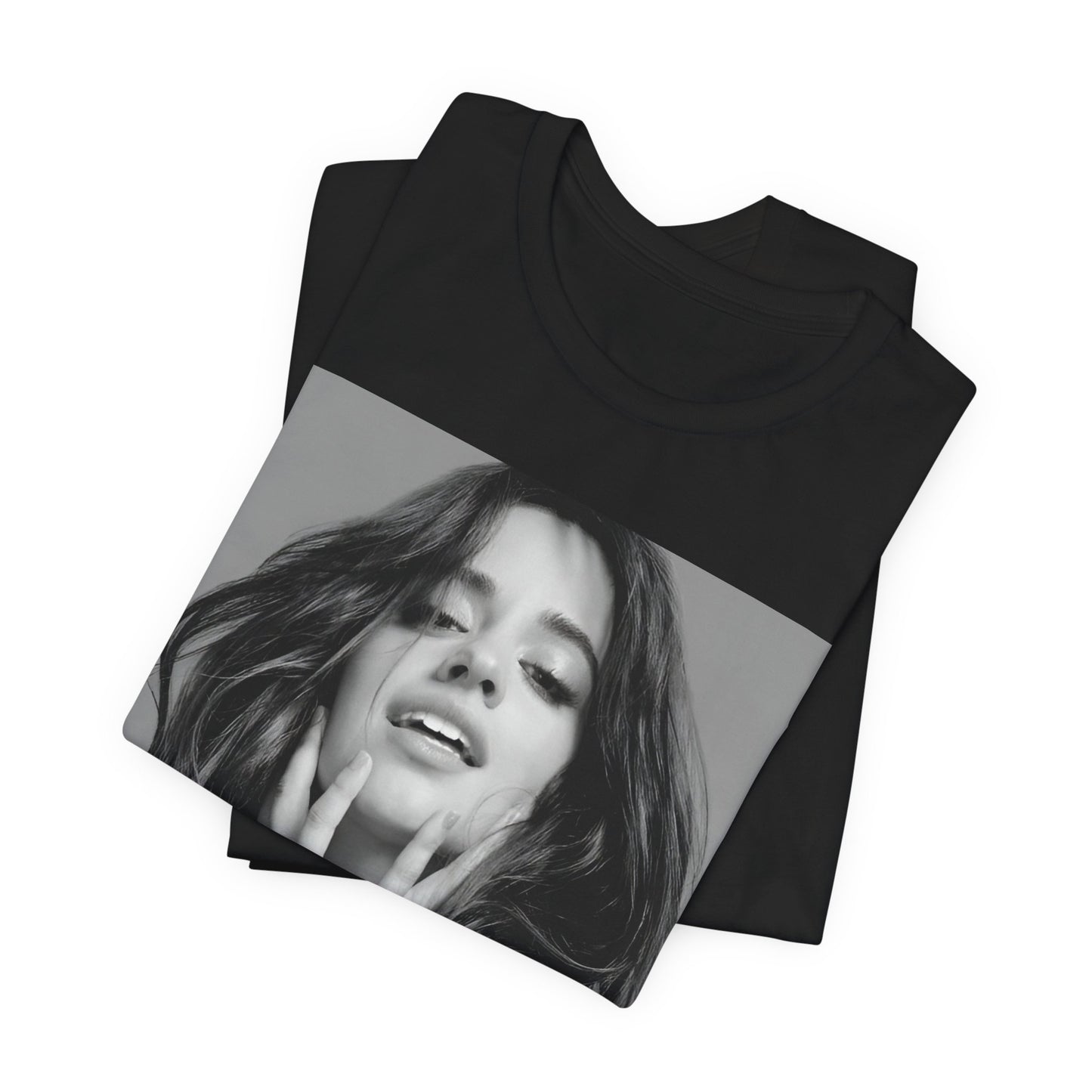 A black graphic t-shirt featuring a black and white portrait photo of Camila Cabello.