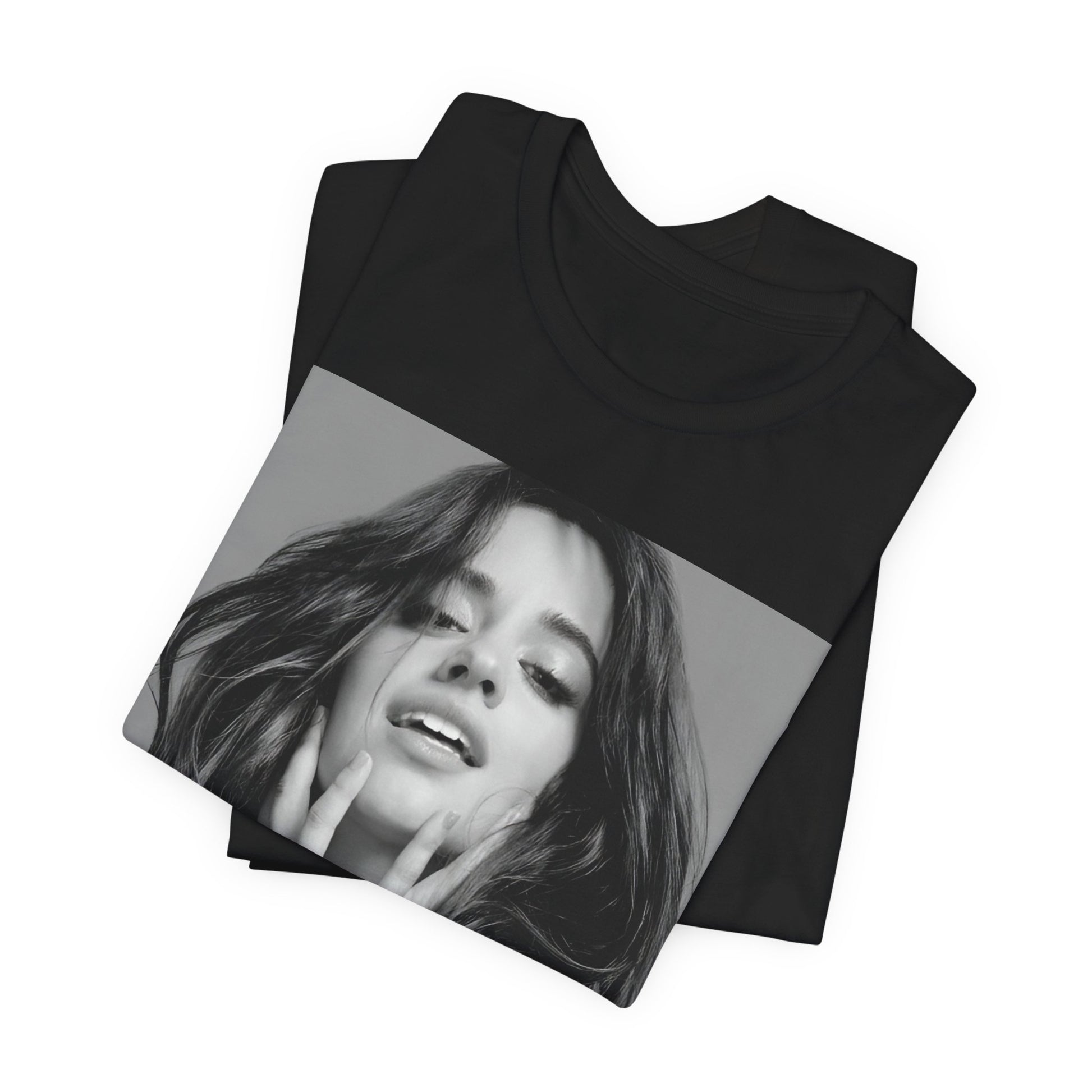 A black graphic t-shirt featuring a black and white portrait photo of Camila Cabello.