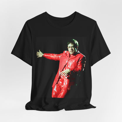 A black graphic t-shirt featuring a vintage photo portrait of Elton John as a music legend.