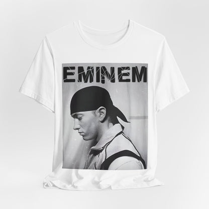 A black graphic t-shirt featuring a stylized graphic of Eminem as a modern rap legend.