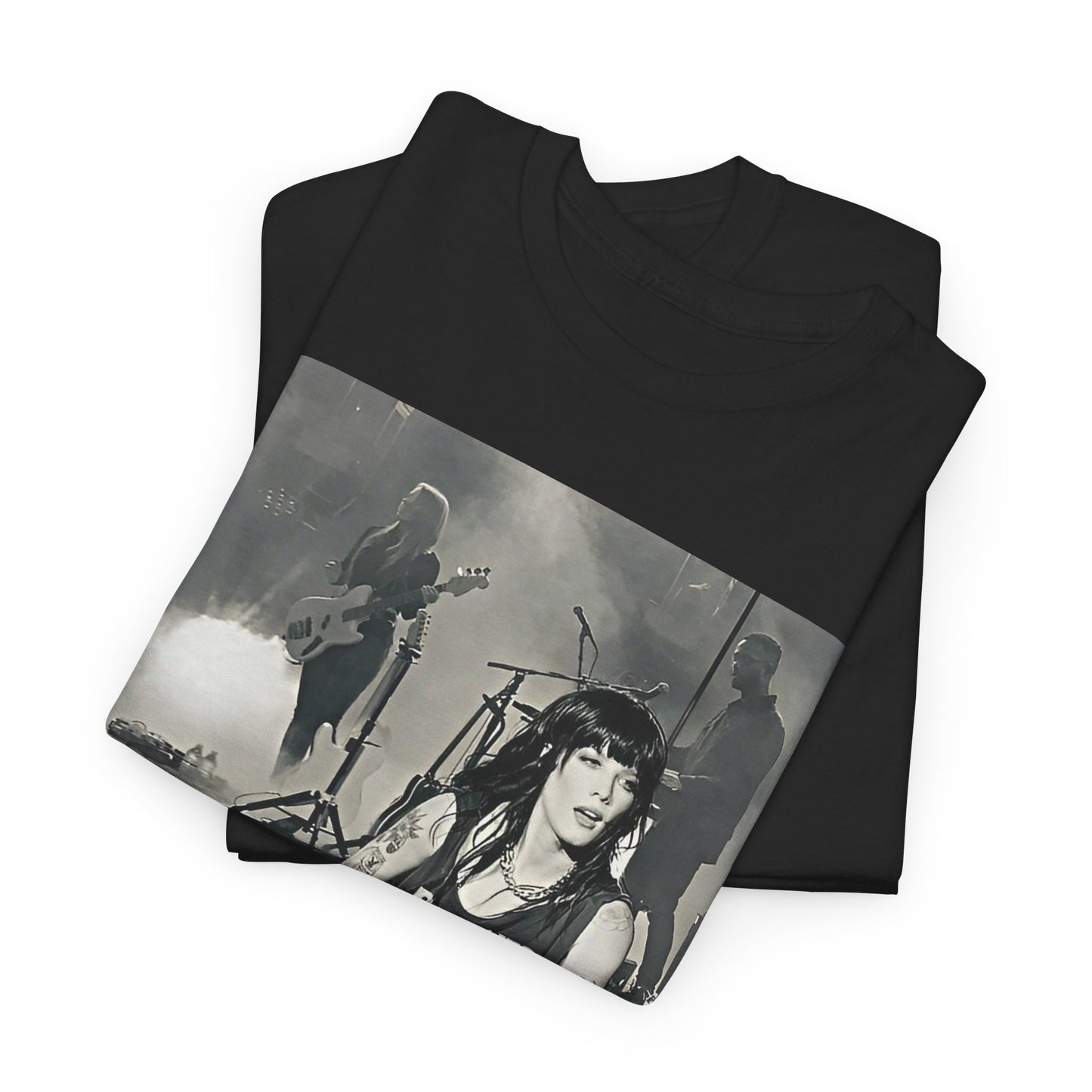 A black graphic t-shirt featuring a black and white graphic or photo of Halsey performing live in concert.