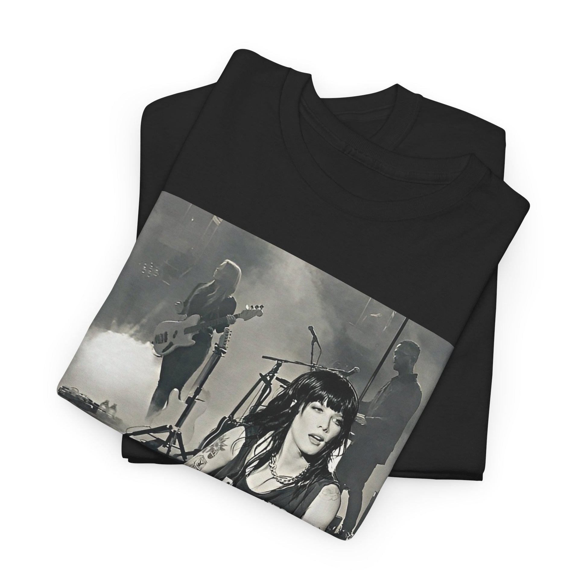A black graphic t-shirt featuring a black and white graphic or photo of Halsey performing live in concert.