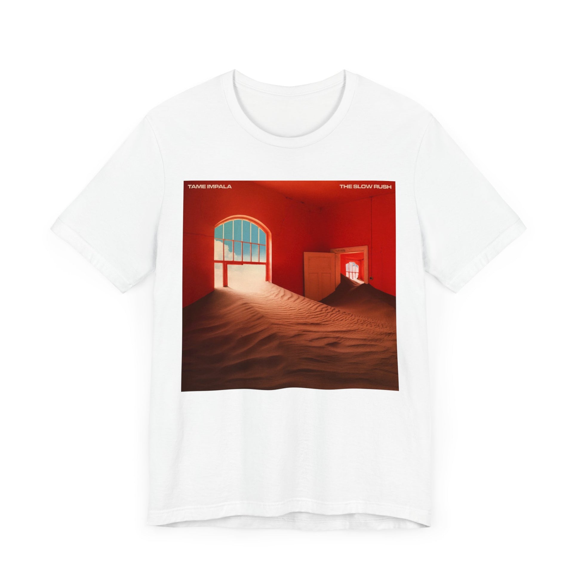 A black graphic t-shirt featuring a graphic related to Tame Impala's 'The Slow Rush' album.