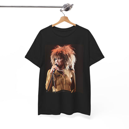 A black graphic t-shirt featuring a graphic of Tina Turner as a legendary rock icon.