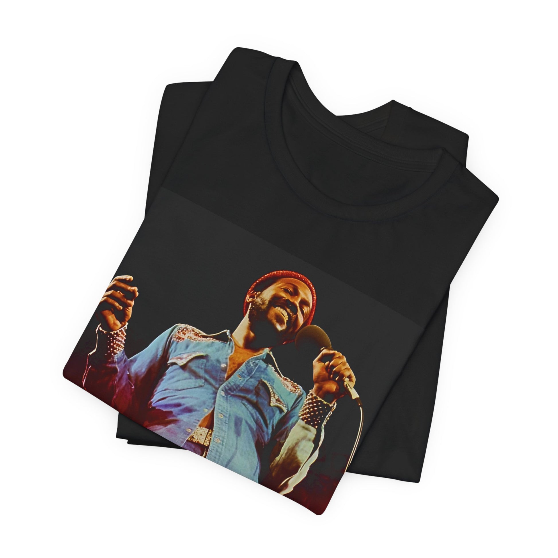 A black graphic t-shirt featuring a graphic of Marvin Gaye with groovy funk vibes.