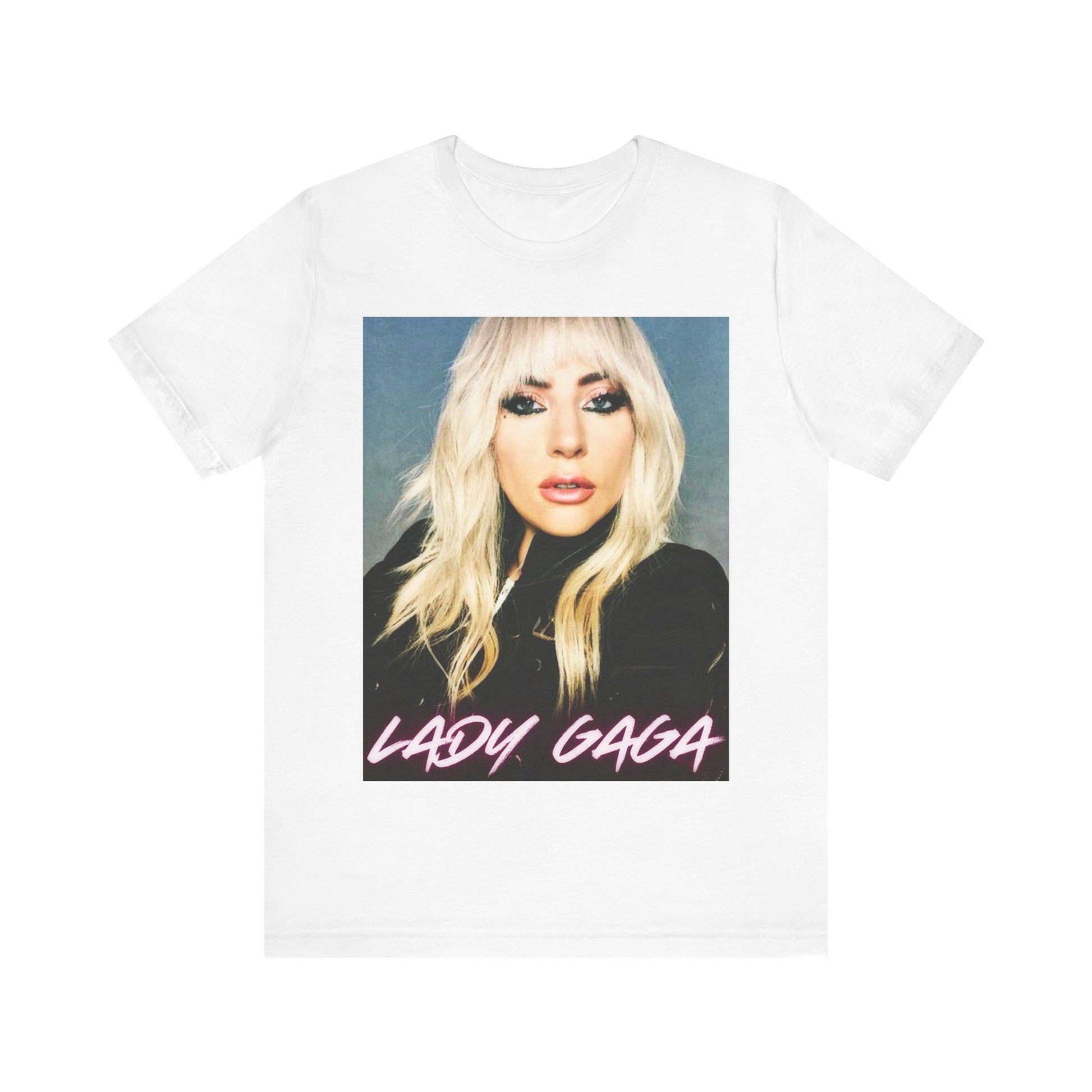 A black graphic t-shirt featuring a casual pop fan graphic of Lady Gaga.