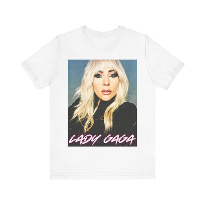 A black graphic t-shirt featuring a casual pop fan graphic of Lady Gaga.