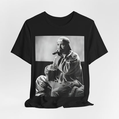 A black graphic t-shirt featuring a black and white graphic of Eminem as a 'Rap Messiah'.
