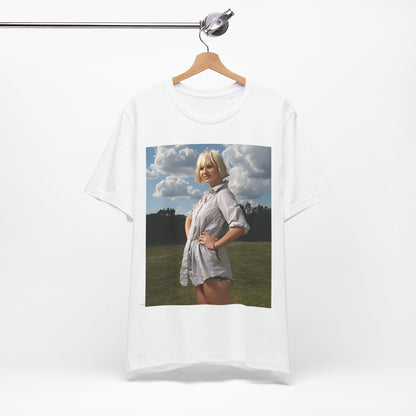 A black graphic t-shirt featuring a bold graphic of Sia as a pop superstar.