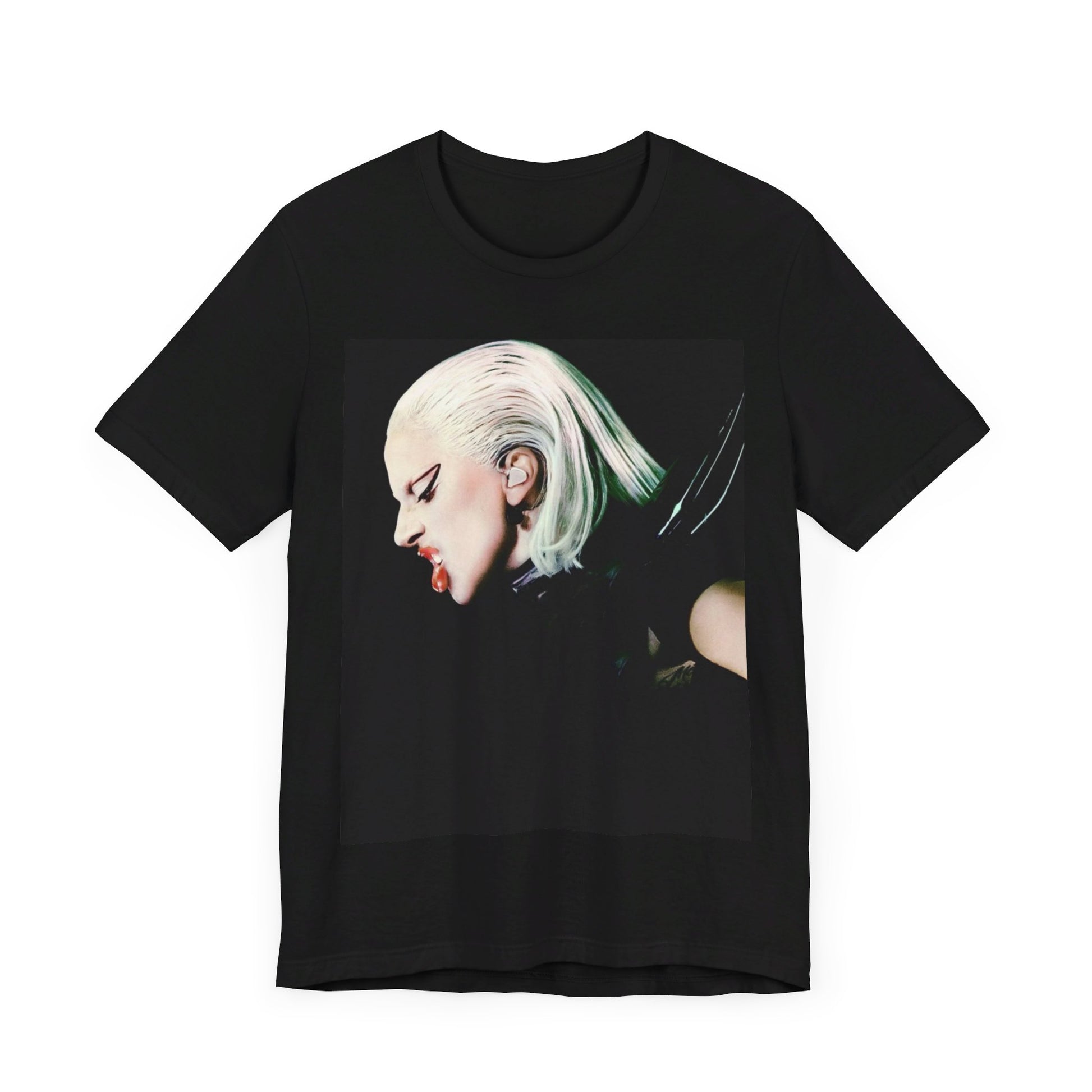 A black graphic t-shirt featuring a retro graphic related to Lady Gaga's 'The Fame Monster' album era.