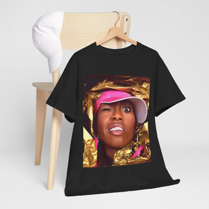 A black graphic t-shirt featuring a graphic related to Missy Elliott's 90s rap music video visionary style.