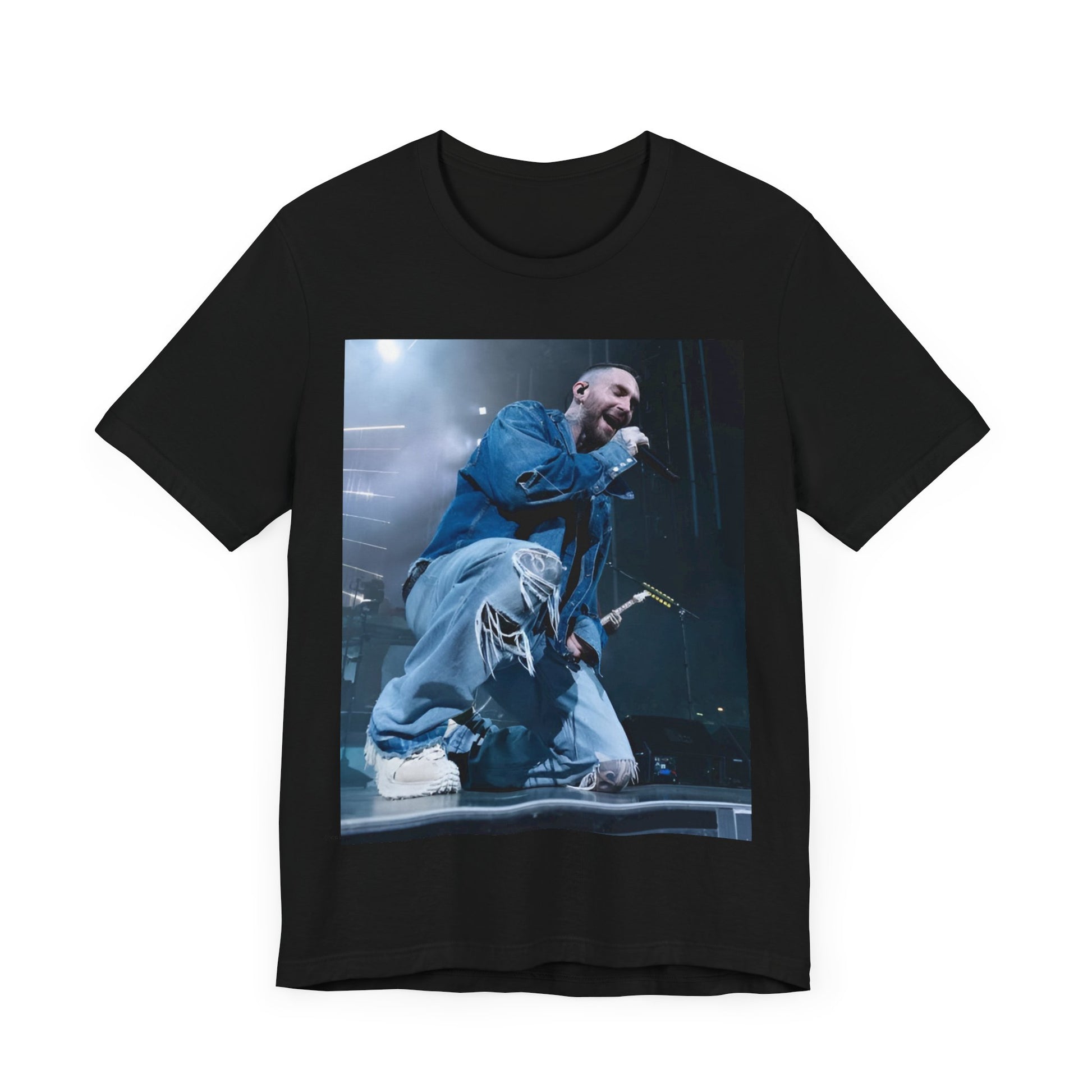 A modern, vibrant, and colorful group photo of the band Maroon 5, printed on a graphic t-shirt.