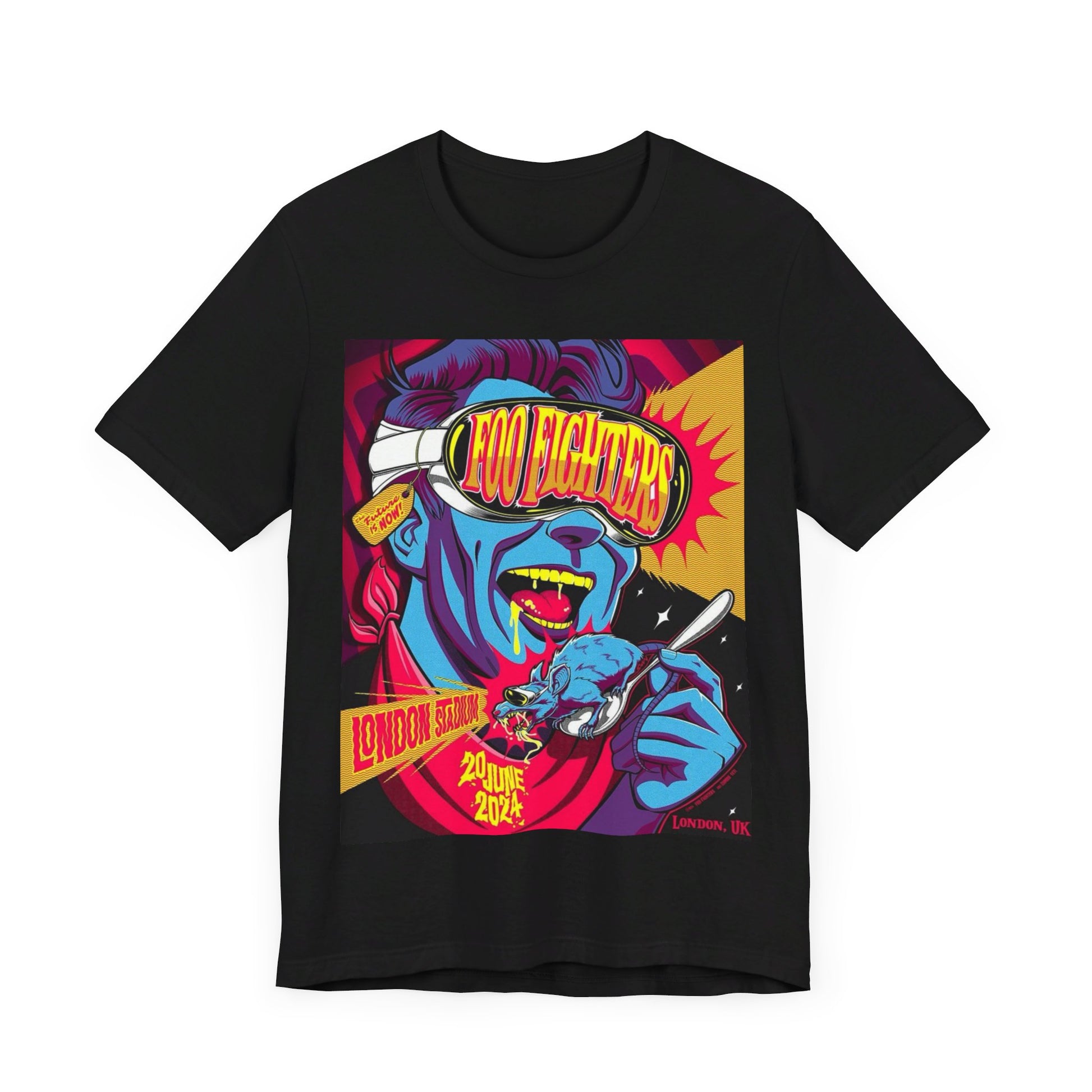 A black graphic t-shirt featuring a graphic of a Foo Fighters concert in London.