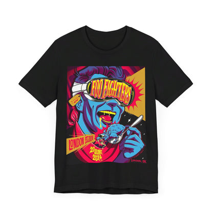 A black graphic t-shirt featuring a graphic of a Foo Fighters concert in London.