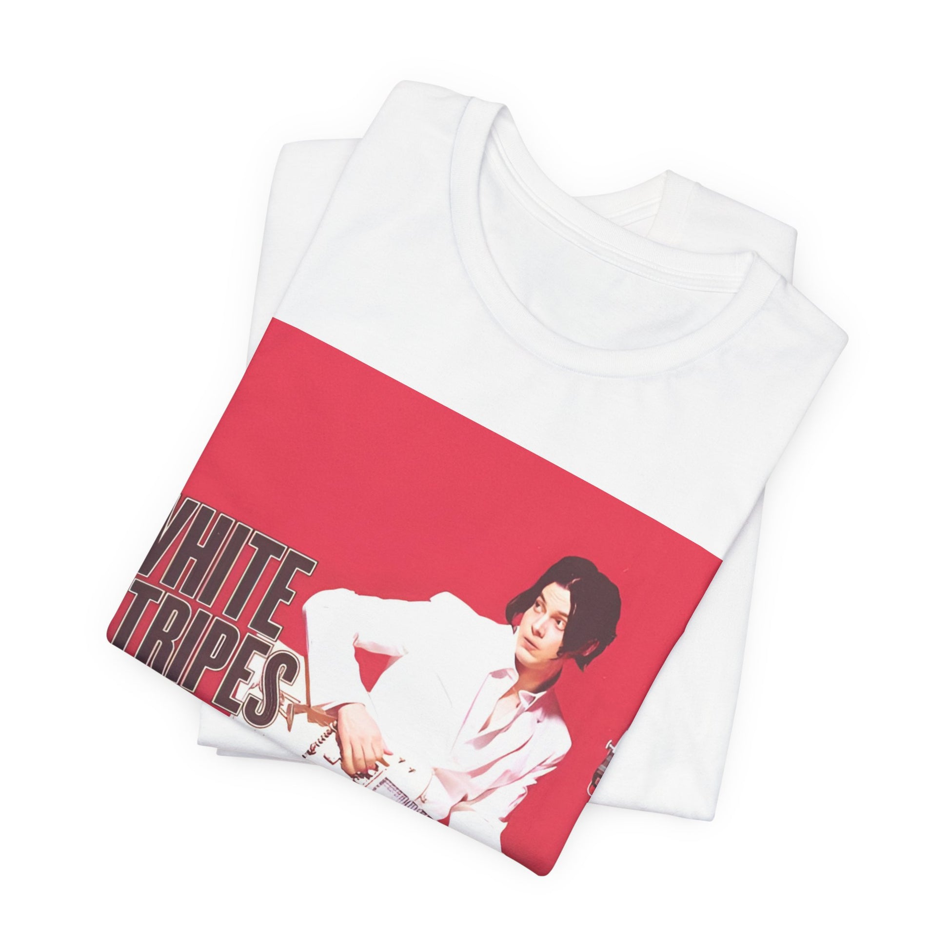 A black graphic t-shirt featuring a graphic related to The White Stripes' 'Fell In Love With A Girl' song or era.