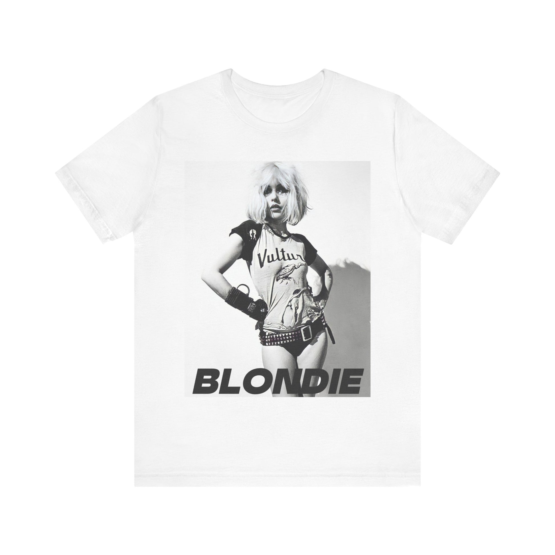 A black graphic t-shirt featuring a 70s punk graphic for Blondie, possibly with a 'vulture' motif or raw, edgy artwork.