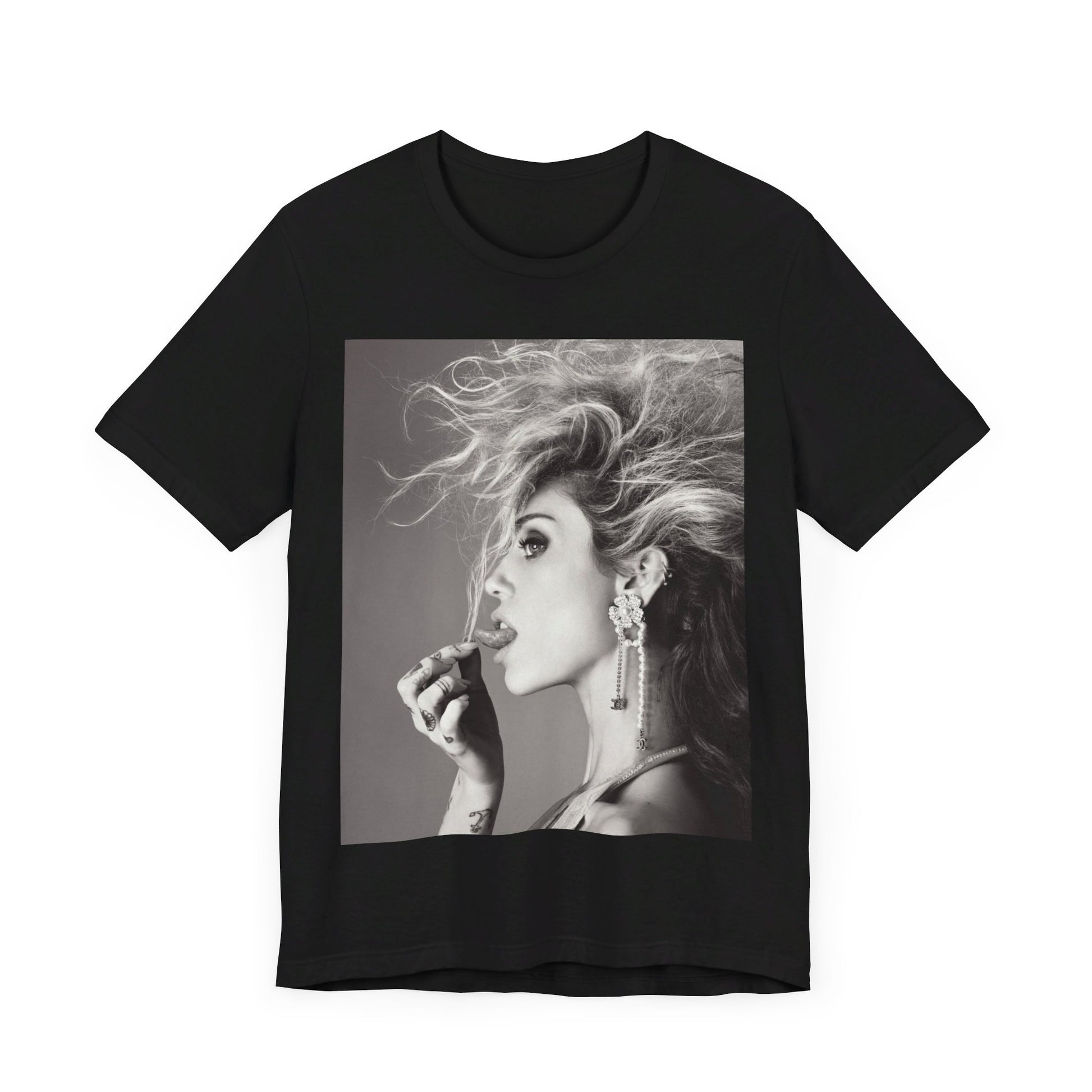 A black graphic t-shirt featuring a graphic of Miley Cyrus as a grunge rockstar.
