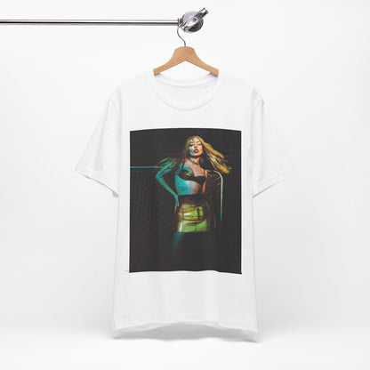 A black graphic t-shirt featuring a neon pop art style graphic of Ava Max, with bright, glowing colors and possibly a 'Pop Queen' title.