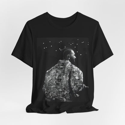 A black graphic t-shirt featuring a black and white graphic or photo of Drake performing live on stage.
