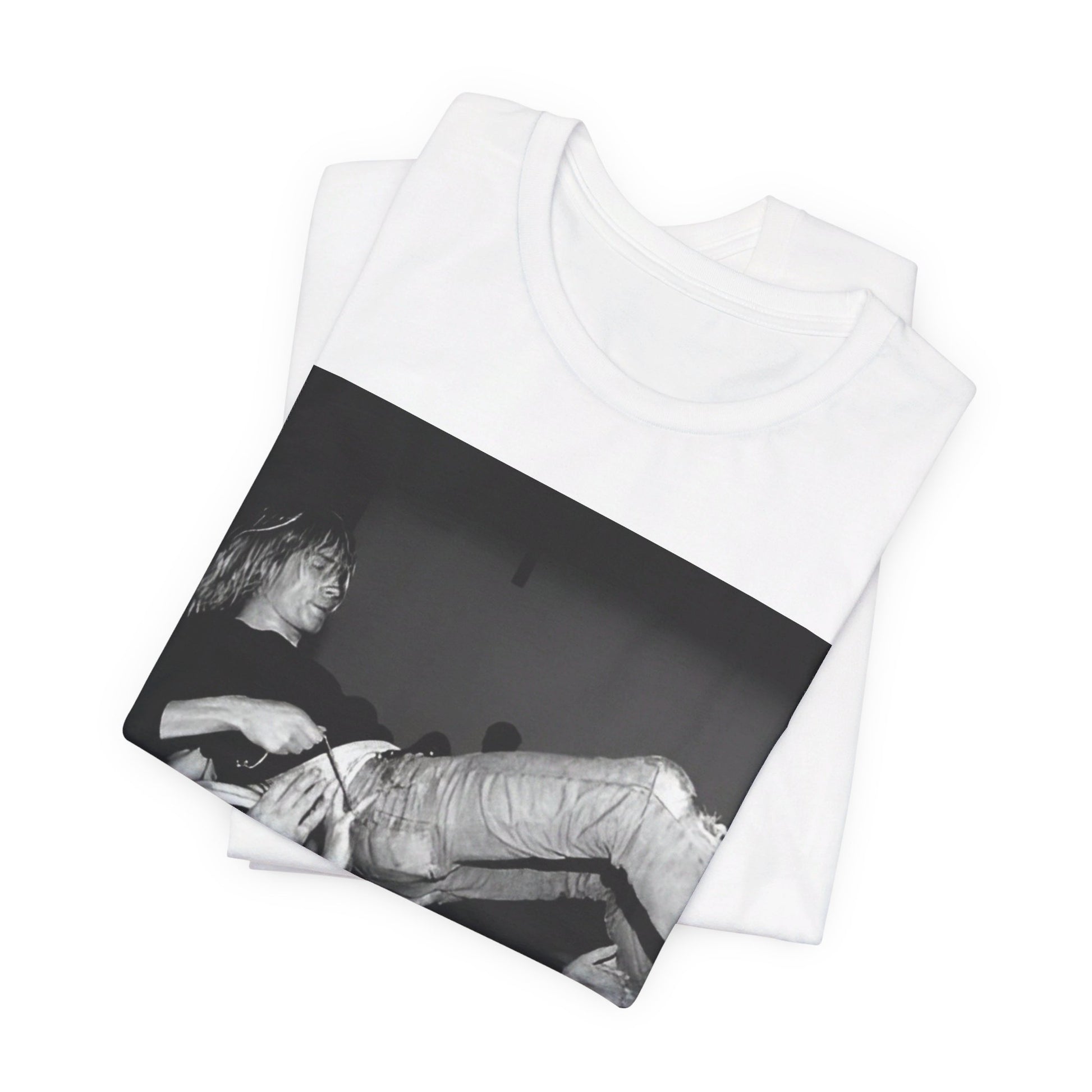 A black graphic t-shirt featuring a 90s graphic or photo of Kurt Cobain from Nirvana stage diving.