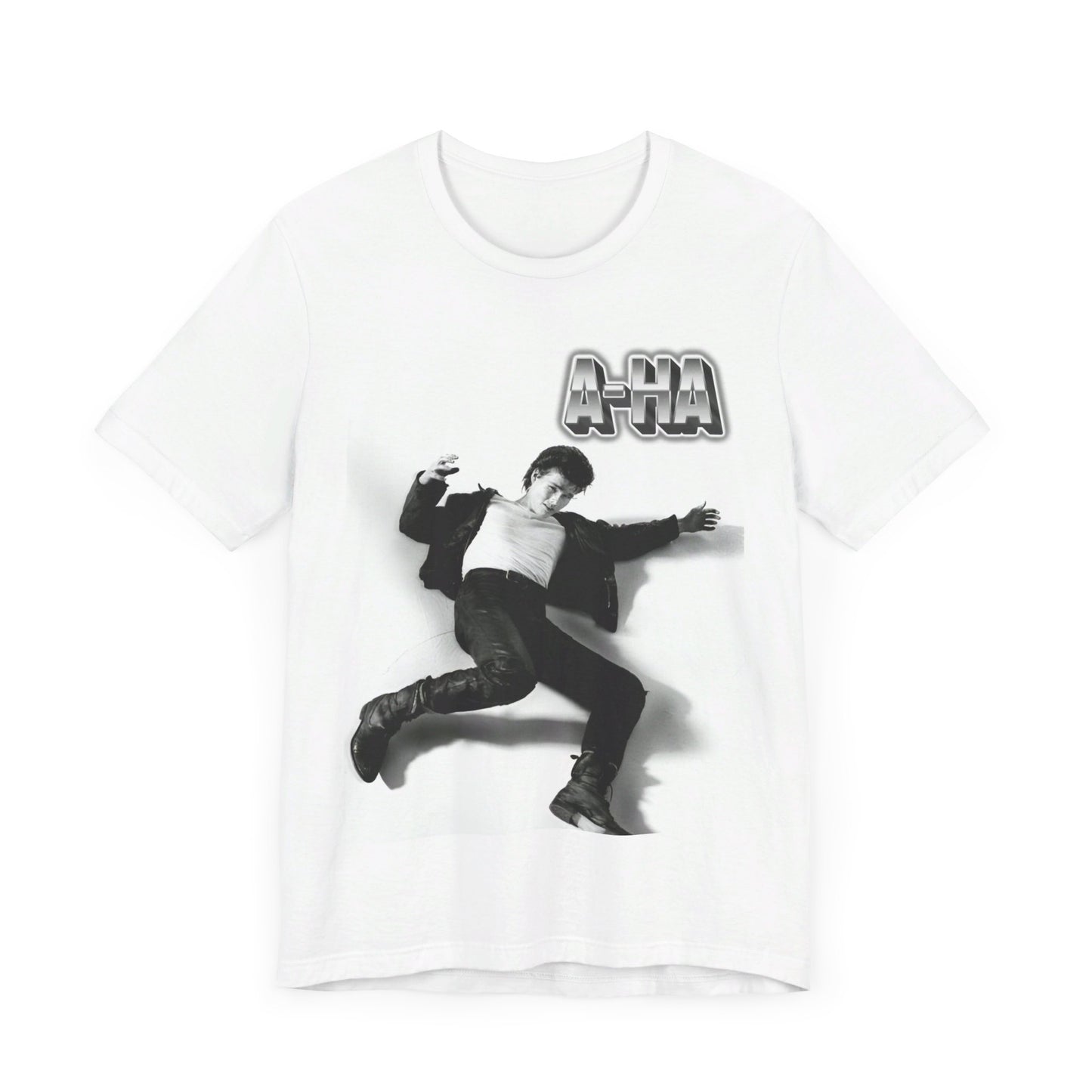 A black graphic t-shirt featuring a photo of the band A-HA, styled to evoke their "Take On Me" music video from the 1980s.n.