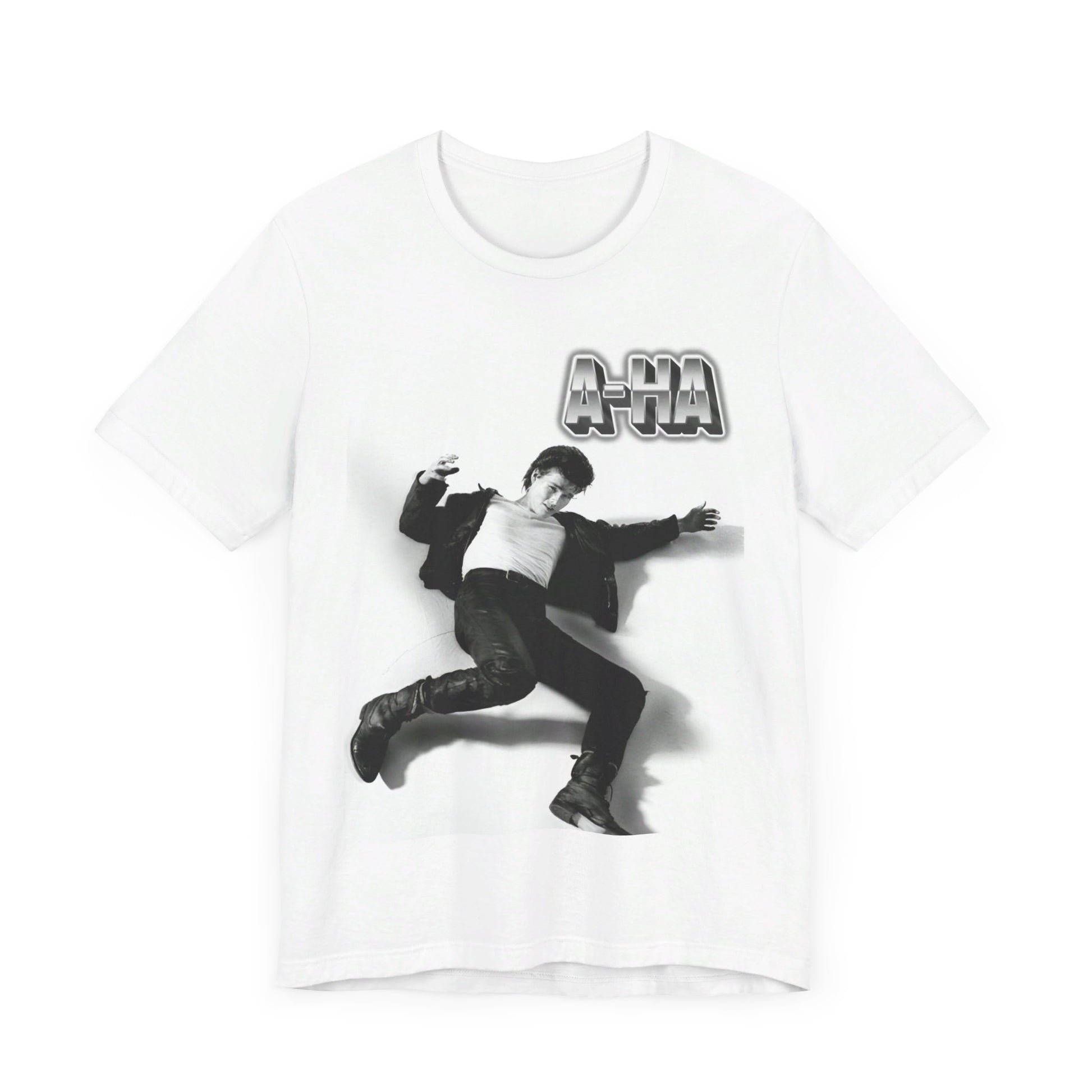 A black graphic t-shirt featuring a photo of the band A-HA, styled to evoke their "Take On Me" music video from the 1980s.n.