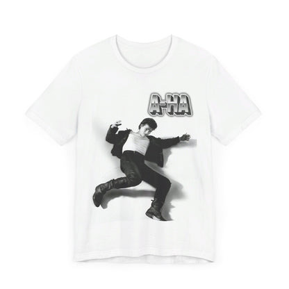 A black graphic t-shirt featuring a photo of the band A-HA, styled to evoke their "Take On Me" music video from the 1980s.n.